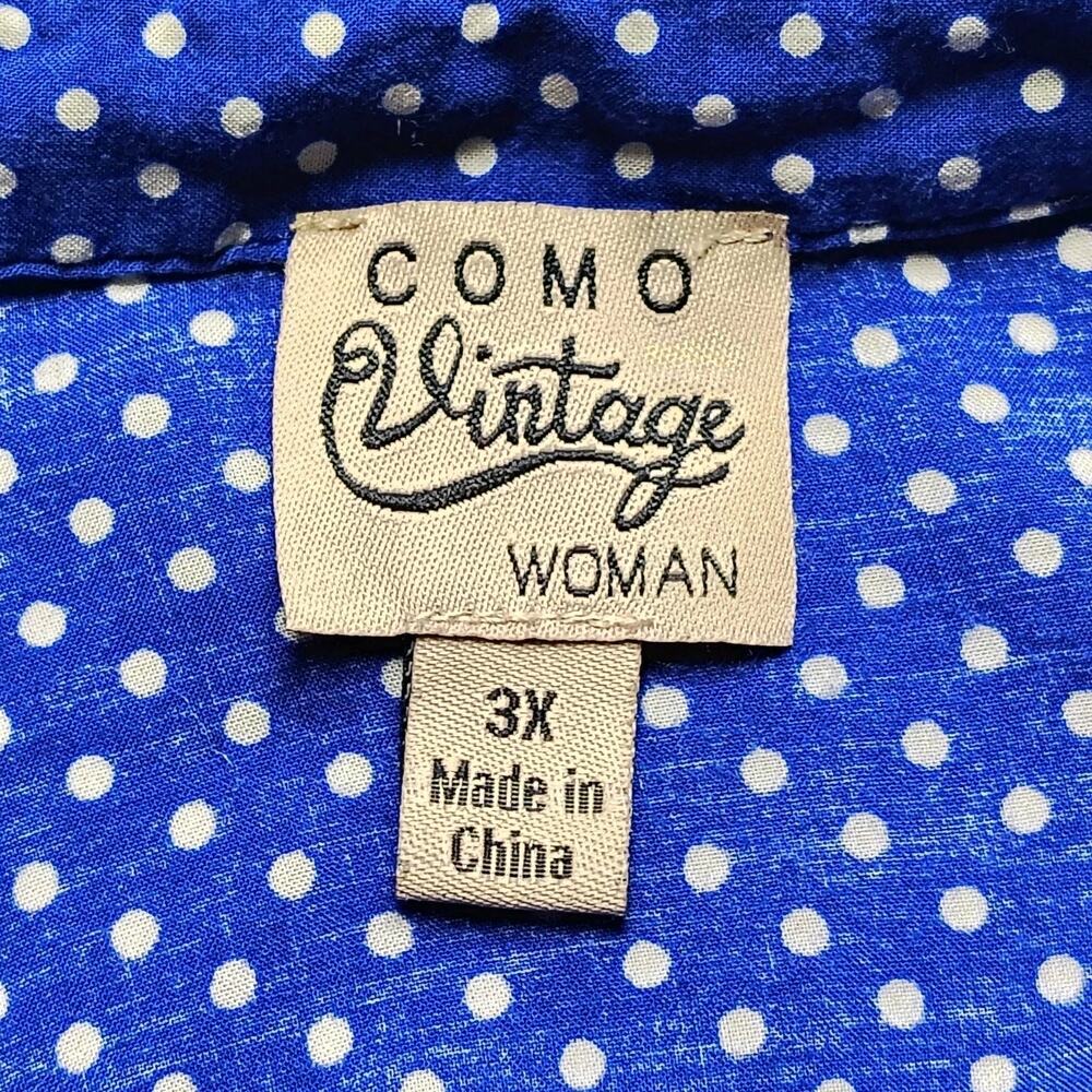 COMO Button Up Shirt Women's Plus 3X Blue Polka Dot Beach Cover Up Blouse